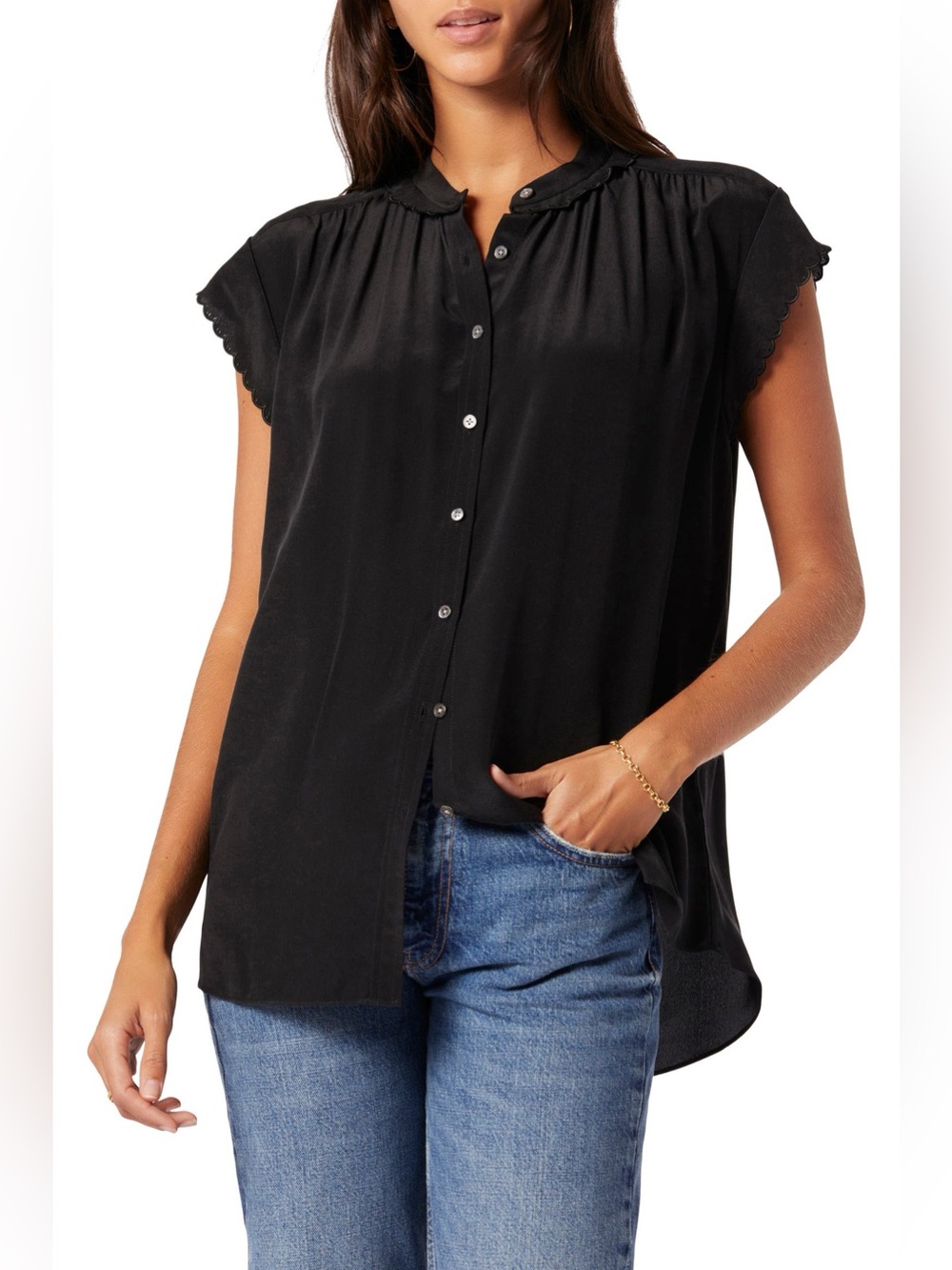 Joies Calais Silk Button-Up Blouse in Black size Medium